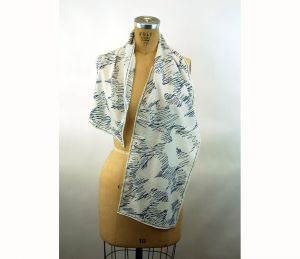 1970s Vera scarf Made in Japan long scarf navy blue and white scribble abstract polyester - Fashionconstellate.com