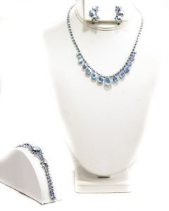 1950s Complete Parure - Fiery Blue & Pink Rhinestones - Princess Chic 50s Necklace, Bracelet, Clip 