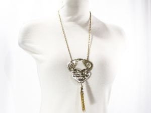 70s Gold Medallion Pendant Necklace - Big Tribal Primitive Goldtone Metal with Chain Tassel - Sage 