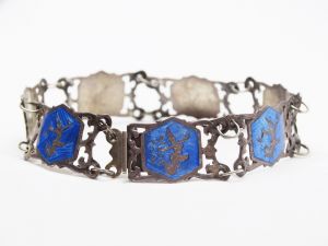 1930s Siam Sterling Silver Blue Enamel Link Bracelet Goddess of Lightning
