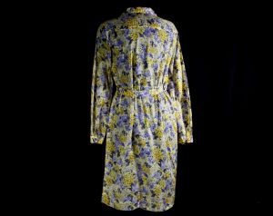 Size 12 Floral Gauze Dress - Made In Italy - Purple & Yellow Flowers Long Sleeve - Medium Large - Fashionconstellate.com