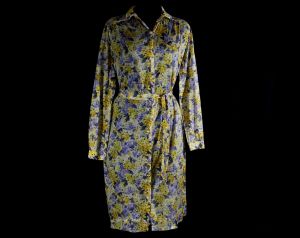 Size 12 Floral Gauze Dress - Made In Italy - Purple & Yellow Flowers Long Sleeve - Medium Large