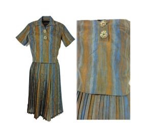 Vintage 50s Day Dress Striped Green & Blue Two Piece Dress & Cropped Jacket Rhinestone Buttons | XS