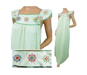 Vintage 1970s Boho Hippy Embroidery Long Lime Green Flutter Sleeve Nightgown by Lorraine | S