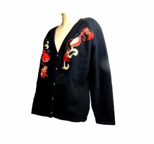 Vintage 90s Susan Bristol Sweater Violin Musical Notes Embellished Cardigan Black Wool