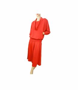 Vintage 80s Two Piece Set Batwing Sleeve Orange Cotton Knit Midi Skirt & Top by Peter Popovitch
