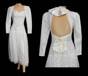 Vintage 80s Party Dress Gunne Sax Off White Lace Wedding Dress Dropped Waist Open Back | S/M