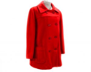 Size 12 Red Coat - Mod 60s 70s Wool Blend Jacket - Double Breasted Hip Length Overcoat - Fall Winter