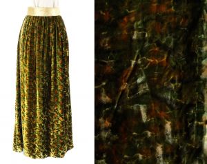 Size 10 Velvet Evening Skirt with Gold Lame' Waistband - Gorgeous 60s 70s Moss Green & Burnt Orange 