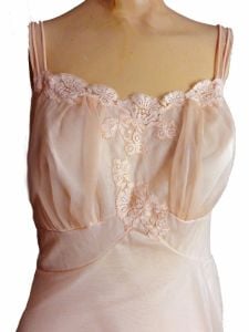 1950s Nightgown Two Layers Nylon Pink Chiffon Lace Trim Wedding Night Bridal Lingerie by Artemis - Fashionconstellate.com