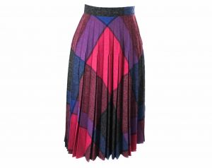 Size 8 Plaid Skirt - 1980s Retro Magenta Pink Purple & Indigo Blue Faux Wool 80s - Full Pleated 