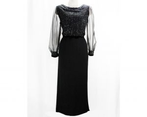 Size 10 Posh Evening Dress - 1960s Sheer Black Silk Chiffon & Cracked Ice Glitter - Medium 60s 