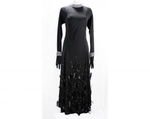 Size 14 Amazing Custom Evening Dress - Black Formal Gown with Rhinestones & Feather Hem - Unique 
