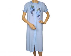 Vintage 1960s Blue Nightgown Robe Hand Embroidered Flowers Size M
