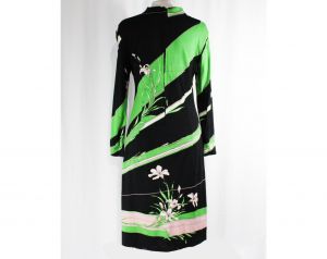 Size 10 Lily Print Dress from Italy - Cowl Neck 60s Designer Label Gianantonio - Kelly Green & Black - Fashionconstellate.com