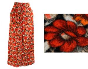 Size 4 Orange Floral Velour Skirt - Small 1970s Casual Bohemian Chic Button Front A-Line Calf Length