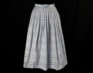 Size 6 1950s Gingham Skirt - Light Blue Checked Cotton 50s Full Pleated Summer Skirt with Original 