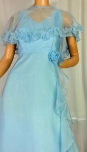 Vintage 70s Formal Baby Blue Prom Dress Ball Gown w/Sheer Cape Jacket Bridesmaid 70s - Fashionconstellate.com