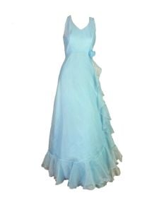 Vintage 70s Formal Baby Blue Prom Dress Ball Gown w/Sheer Cape Jacket Bridesmaid 70s