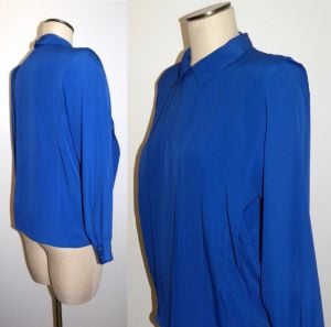 80s Royal Blue Tuxedo Pleat Blouse | Vintage Chic Minimalist SILKY Cobalt | Fits S - Fashionconstellate.com