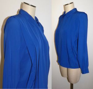 80s Royal Blue Tuxedo Pleat Blouse | Vintage Chic Minimalist SILKY Cobalt | Fits S