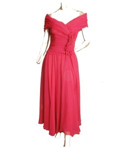 Vintage 80s Party Dress Jessica McClintock Ruched Off Shoulder Pink Chiffon Evening Gown | S