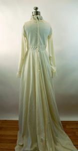 1960s wedding gown Edythe Vincent for Alfred Angelo dress train pleated ruffle empire waist Size S - Fashionconstellate.com