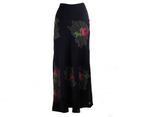Size 8 Navy Floral Skirt - 1970s Dark Blue & Fuchsia Pink Deco Print Gauze - Long Ankle Length 70s 