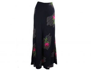 Size 8 Navy Floral Skirt - 1970s Dark Blue & Fuchsia Pink Deco Print Gauze - Long Ankle Length 70s  - Fashionconstellate.com