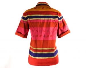 Size 10 Vivid Striped Shirt - 1980s Cotton Short Sleeve Summer Top - 80s Tropical New Wave - Pink  - Fashionconstellate.com