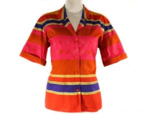 Size 10 Vivid Striped Shirt - 1980s Cotton Short Sleeve Summer Top - 80s Tropical New Wave - Pink 