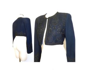 90s 00s EMBROIDERED Crop Jacket Bolero | Blue Wool Vintage Gothic Baroque Glam Luxe | Vintage S