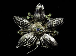 Bold Silver Flower Brooch - 1960s Five Petal Floral Pin - Aurora Borealis Rhinestones - Silvertone 