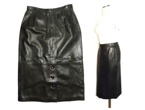 80s 90s Soft Luxe Black Leather MIDI Skirt | Pencil Skirt Straight with Button Detail | 29'' waist