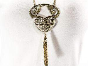 70s Gold Medallion Pendant Necklace - Big Tribal Primitive Goldtone Metal with Chain Tassel - Sage  - Fashionconstellate.com