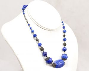1930s Freckled Blue Glass & Brass Filigree Necklace - 30s 40s Jewelry on Dainty Chain - Fashionconstellate.com
