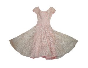 Vintage 1950s Party Dress Beige Lace Rhinestone Trim Tea Length Prom Dress Circle Skirt