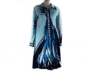 Size 10 Aquatic Print Dress from Italy - 1960s Designer Label Gianantonio - Powder Blue & Black 