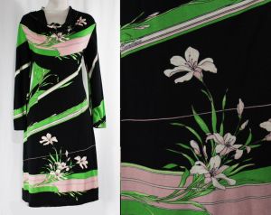 Size 10 Lily Print Dress from Italy - Cowl Neck 60s Designer Label Gianantonio - Kelly Green & Black