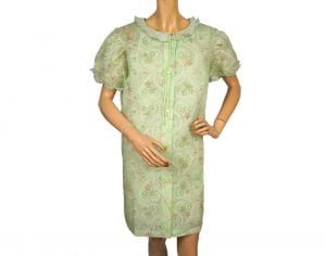 1960s Nightie Peignoir Set Green w Floral Pattern Cotton Blend - Size Large - Fashionconstellate.com