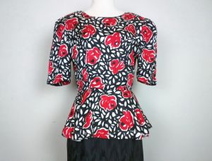 80s Does 40s Dress Black White Red Floral Silk Peplum by Point of View | Vintage Misses 12 - Fashionconstellate.com