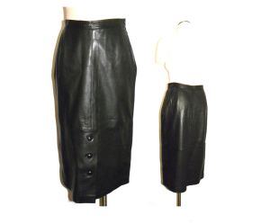80s 90s Soft Luxe Black Leather MIDI Skirt | Pencil Skirt Straight with Button Detail | 29'' waist - Fashionconstellate.com
