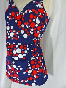 Vintage 60s Swimsuit One Piece Bathing Suit Skirted Low Back Red White and Blue Polka Dots Bubbles - Fashionconstellate.com