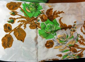 Vintage 50s Silk Scarf Handprinted Brown Turquoise Roses Japan Hand Rolled Hem Fall Accessory - Fashionconstellate.com