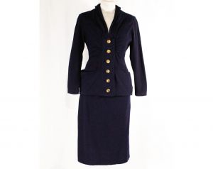 Size 6 1940s Suit - Navy Blue 40s Jacket & Skirt Set - Jacques Fath Look with Spiraling Metal Button