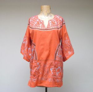 Vintage 1960s Orange Cotton Dashiki Indian Print Tunic Dagger Sleeves Boho Floral Print Festival Top
