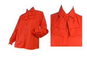 Vintage 1970s Long Sleeve Red Secretary Blouse Shirt  Removable Jabot Bow by Ship'n Shore | XL