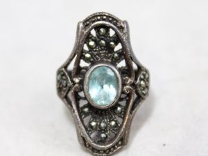 Edwardian Style Sterling Ring - Size 5 Statement Large Victorian Repro - 1960s 70s Ornate Aqua Blue 