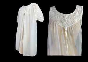 Vintage Wedding Bridal White Sheer Nylon Chiffon Lacy Gown & Robe Lingerie Set by Miss Elaine