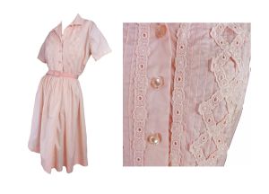 Pink 60s Shirtwaist Pleated Full Skirt Fit & Flare Party Dress Tucks Lace Trim by Cay Artley | M/L